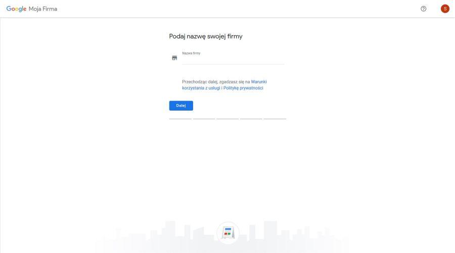 Wprowadzanie nazwy firmy przy tworzeniu profilu Google Moja Firma